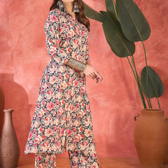 Multi Floral Printed Lapel Collar A-Line Kurta With Trouser Kurta Set