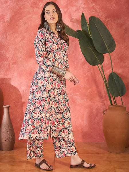 Multi Floral Printed Lapel Collar A-Line Kurta With Trouser Kurta Set