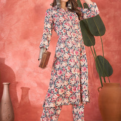 Multi Floral Printed Lapel Collar A-Line Kurta With Trouser Kurta Set