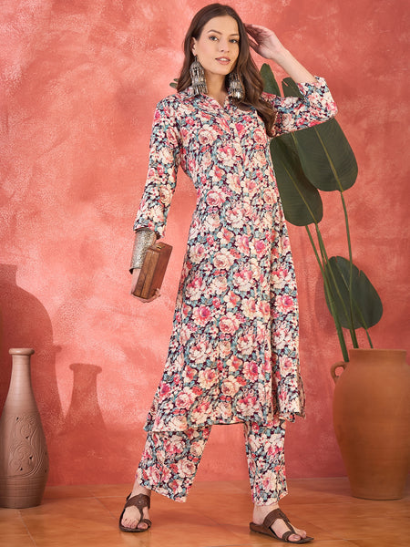 Multi Floral Printed Lapel Collar A-Line Kurta With Trouser Kurta Set