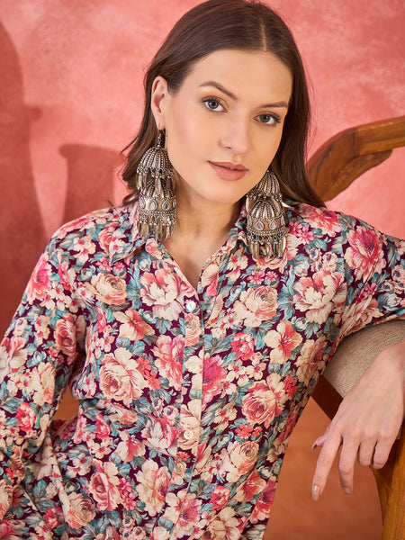 Multi Floral Printed Lapel Collar A-Line Kurta With Trouser Kurta Set
