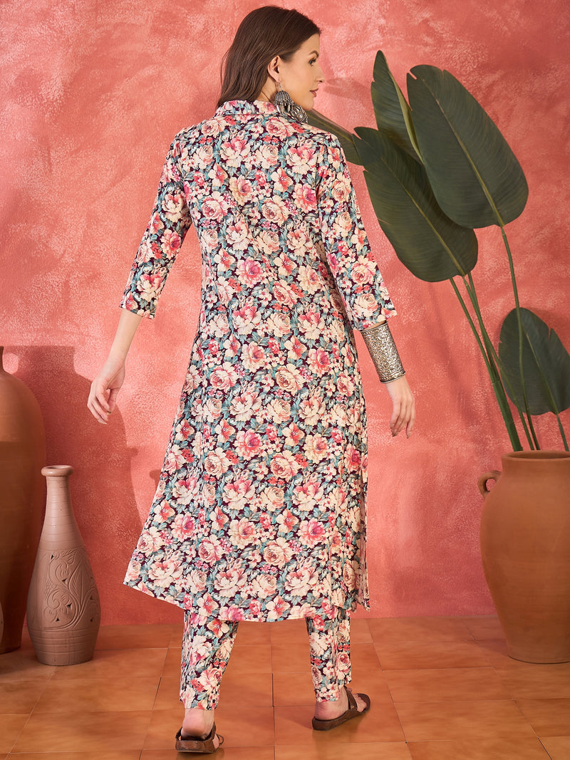 Multi Floral Printed Lapel Collar A-Line Kurta With Trouser Kurta Set