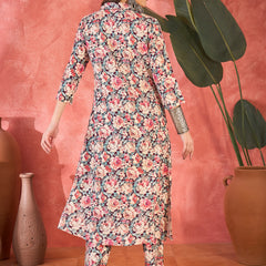 Multi Floral Printed Lapel Collar A-Line Kurta With Trouser Kurta Set