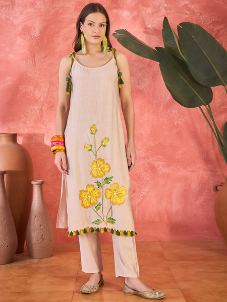 Floral Embroidered Strappy Kurta Set with Dupatta