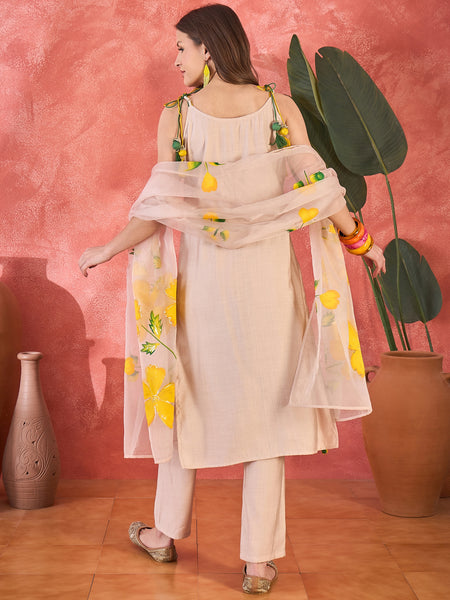 Floral Embroidered Strappy Kurta Set with Dupatta