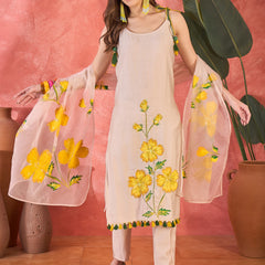 Floral Embroidered Strappy Kurta Set with Dupatta