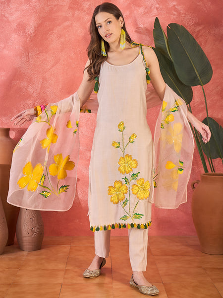 Floral Embroidered Strappy Kurta Set with Dupatta