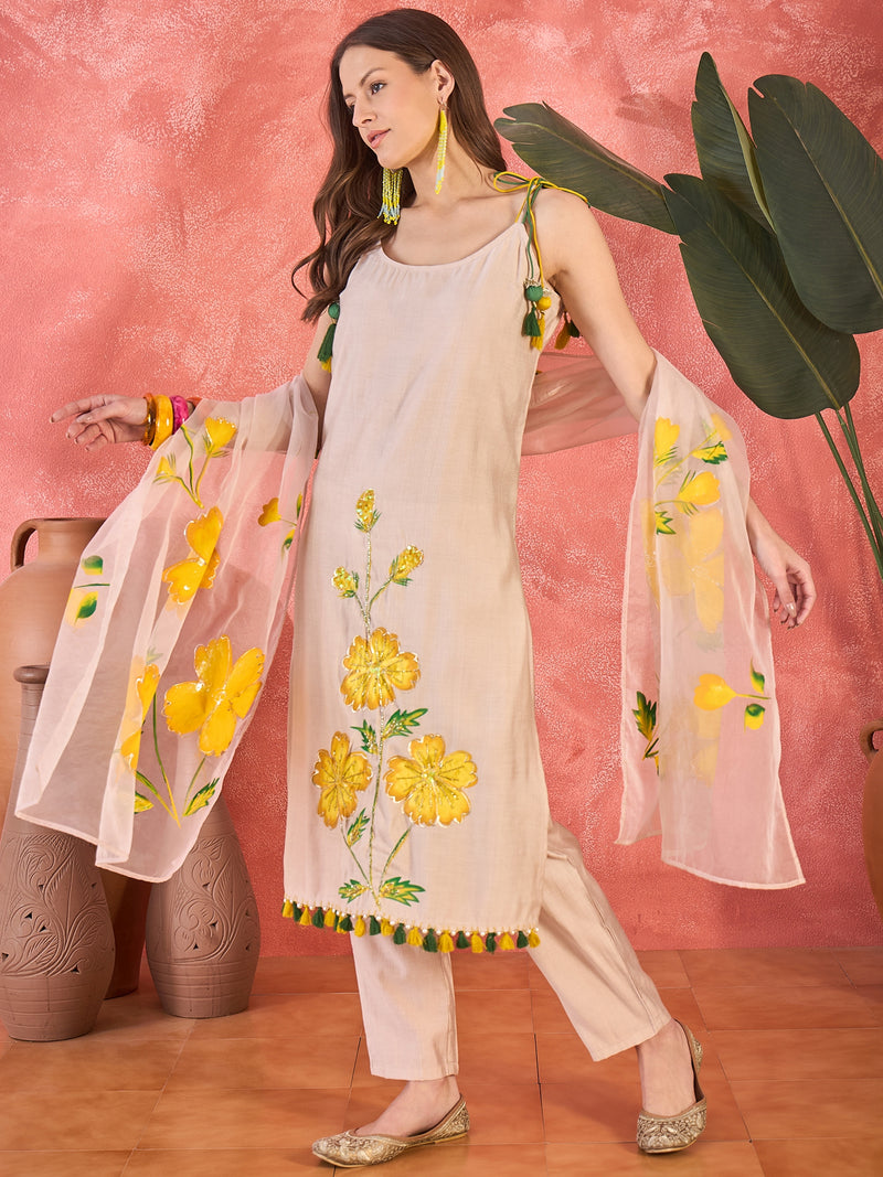 Floral Embroidered Strappy Kurta Set with Dupatta
