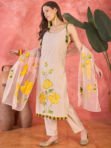 Floral Embroidered Strappy Kurta Set with Dupatta