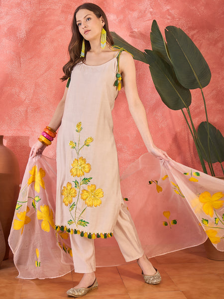 Floral Embroidered Strappy Kurta Set with Dupatta