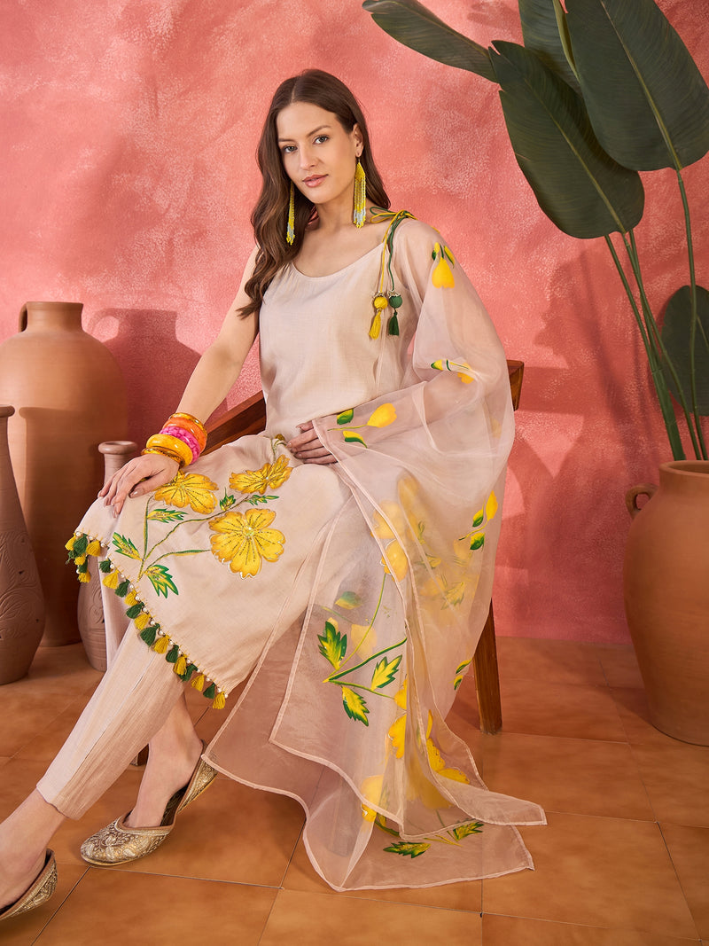 Floral Embroidered Strappy Kurta Set with Dupatta