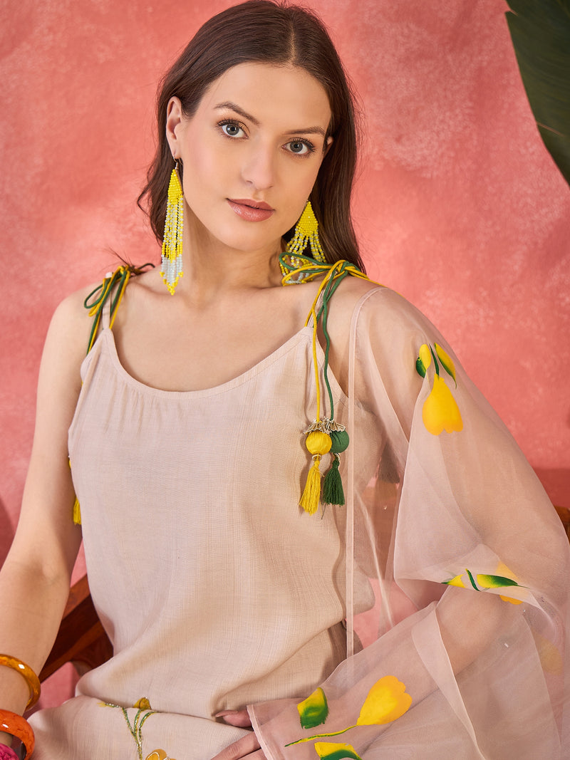 Floral Embroidered Strappy Kurta Set with Dupatta