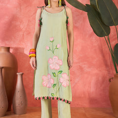 Floral Embroidered Strappy Kurta Set with Dupatta