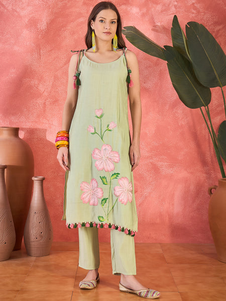 Light Green Floral Embroidered Strappy Kurta Set with Dupatta