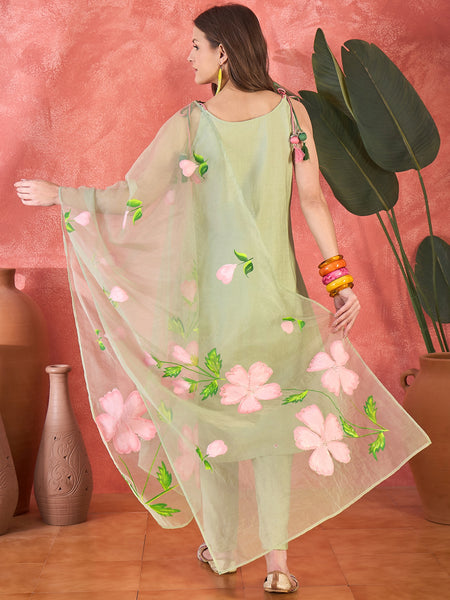 Light Green Floral Embroidered Strappy Kurta Set with Dupatta