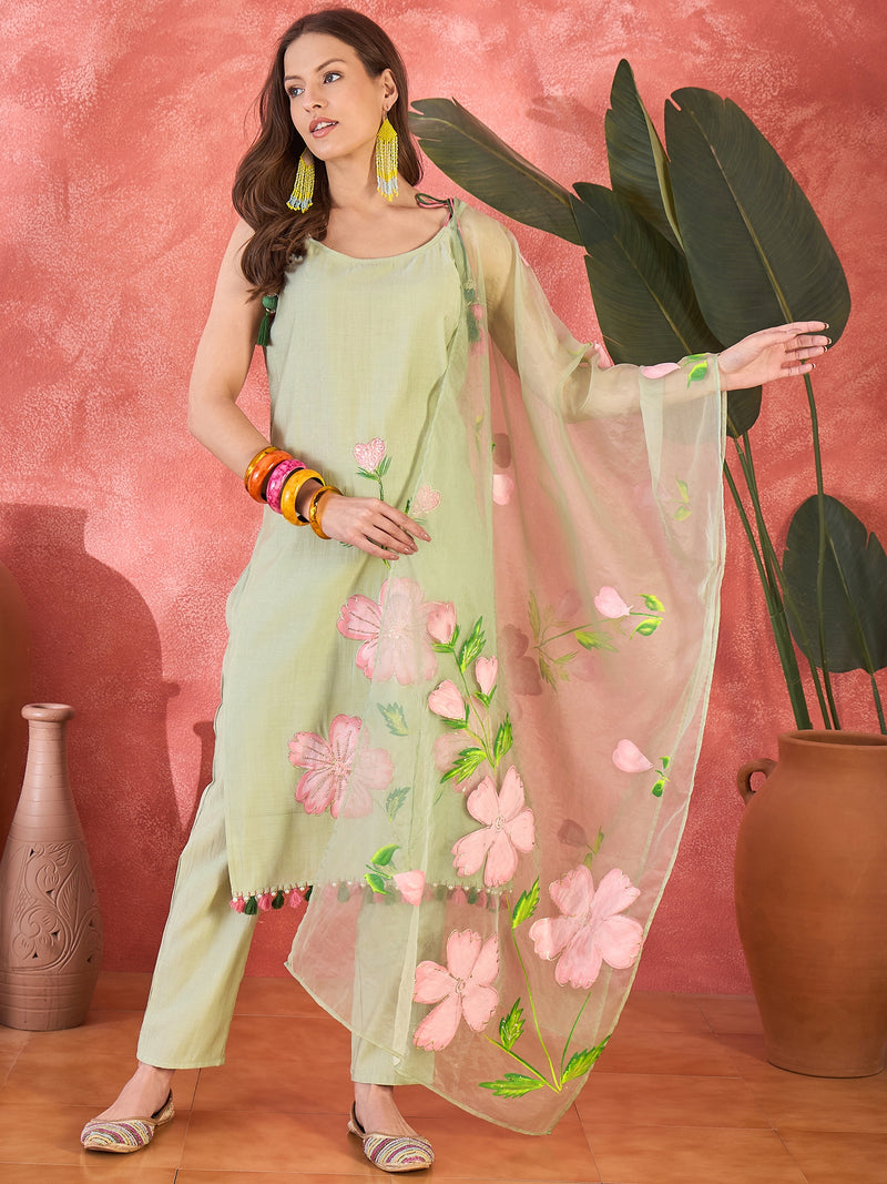 Floral Embroidered Strappy Kurta Set with Dupatta