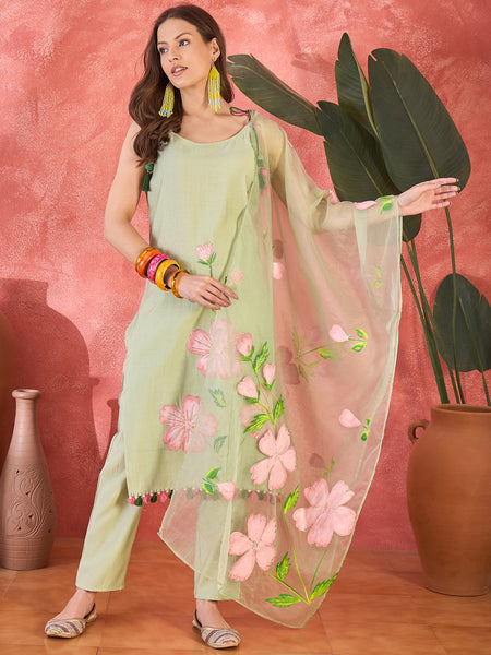 Light Green Floral Embroidered Strappy Kurta Set with Dupatta