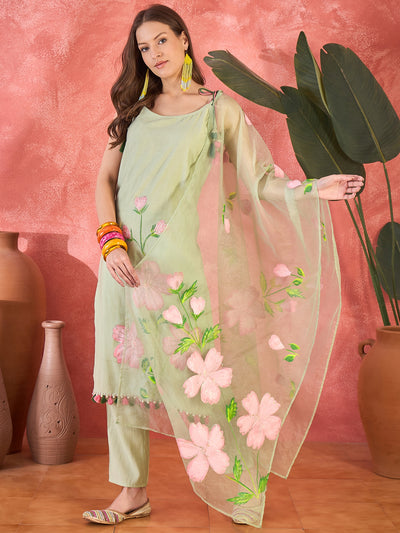 Light Green Floral Embroidered Strappy Kurta Set with Dupatta