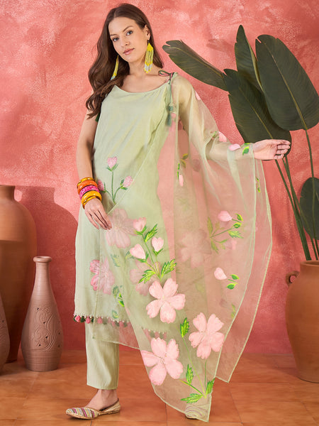 Light Green Floral Embroidered Strappy Kurta Set with Dupatta