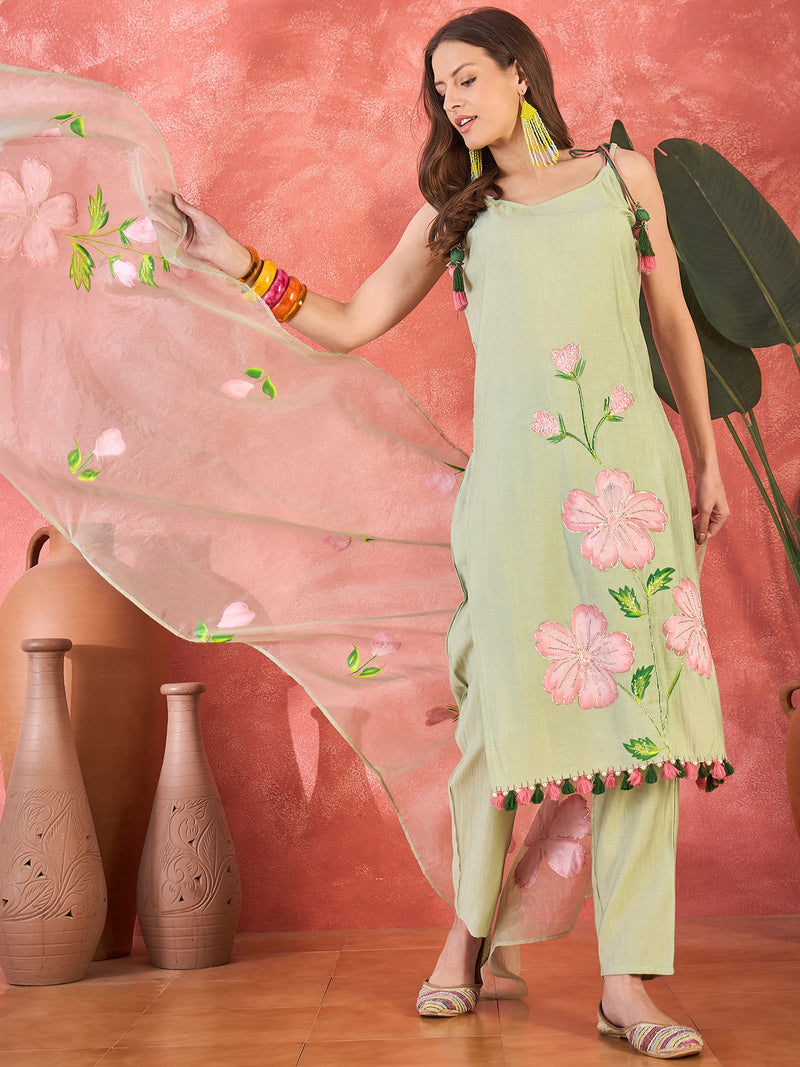 Floral Embroidered Strappy Kurta Set with Dupatta