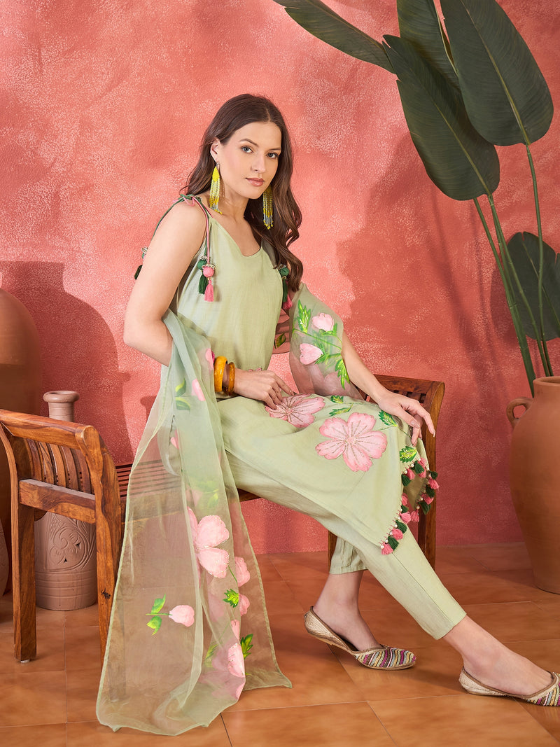 Floral Embroidered Strappy Kurta Set with Dupatta