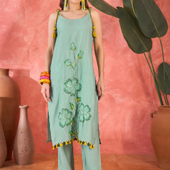 Floral Embroidered Strappy Kurta Set with Dupatta