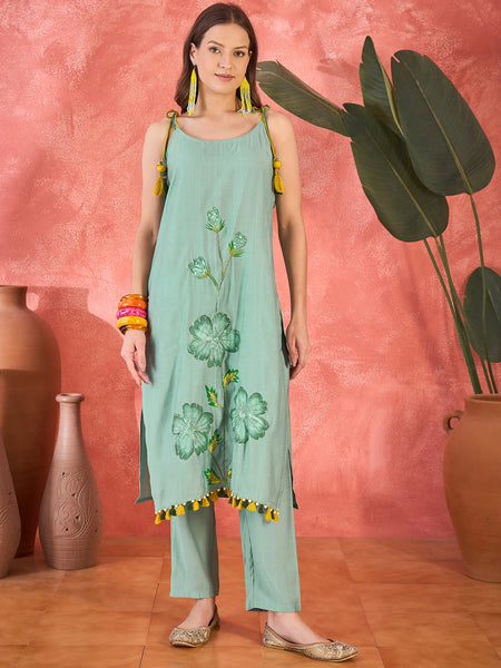Sea Green Floral Embroidered Strappy Kurta Set with Dupatta
