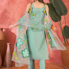 Floral Embroidered Strappy Kurta Set with Dupatta