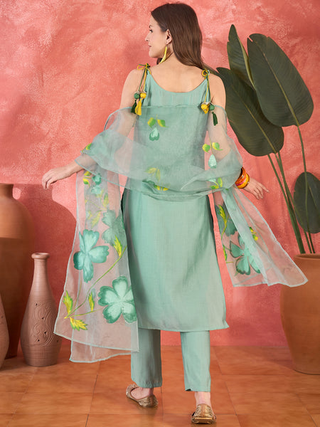 Sea Green Floral Embroidered Strappy Kurta Set with Dupatta