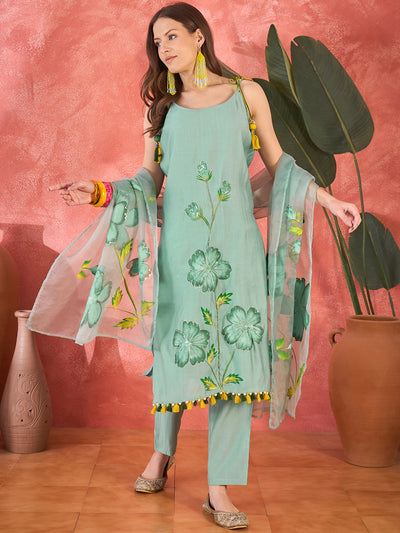 Sea Green Floral Embroidered Strappy Kurta Set with Dupatta