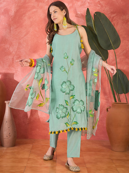 Sea Green Floral Embroidered Strappy Kurta Set with Dupatta