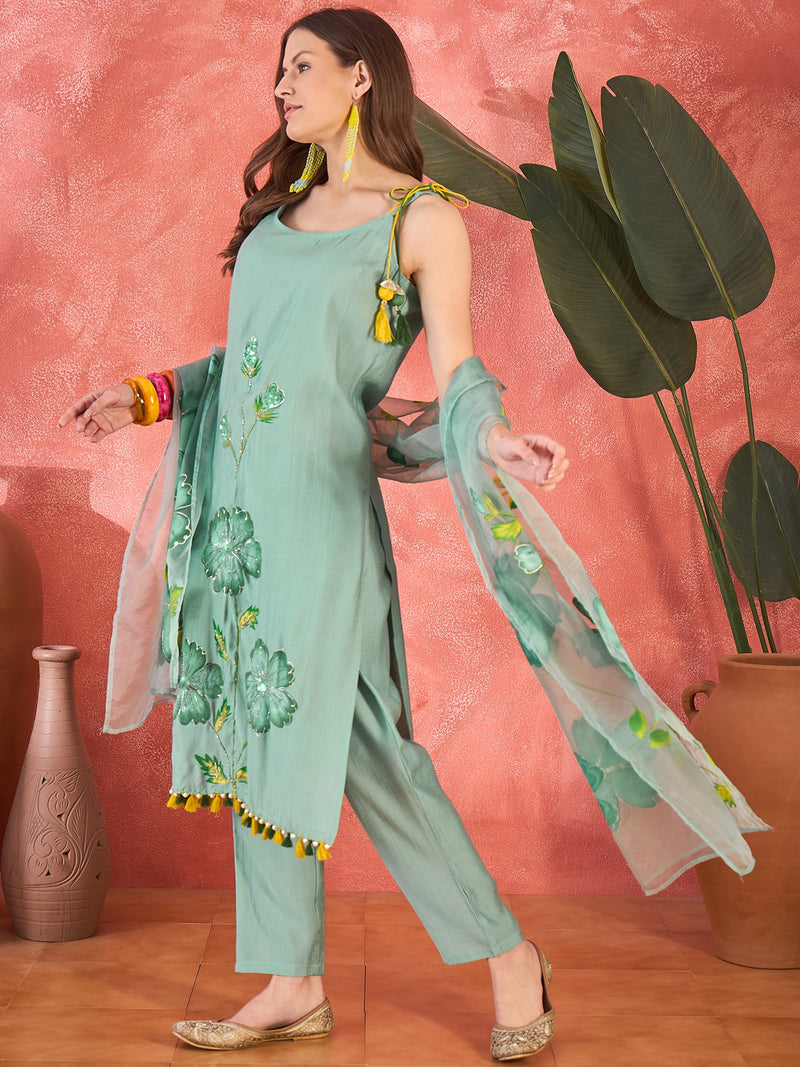 Floral Embroidered Strappy Kurta Set with Dupatta
