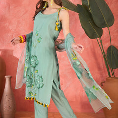 Floral Embroidered Strappy Kurta Set with Dupatta