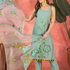 Floral Embroidered Strappy Kurta Set with Dupatta