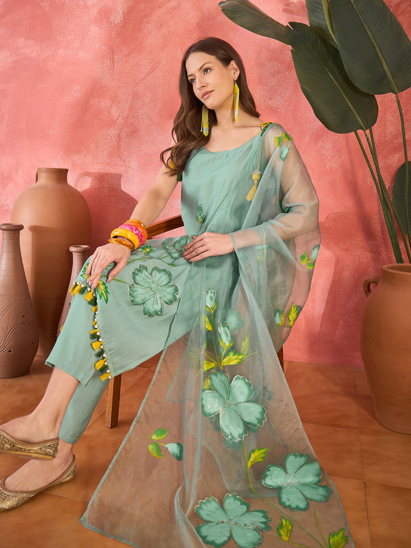 Floral Embroidered Strappy Kurta Set with Dupatta