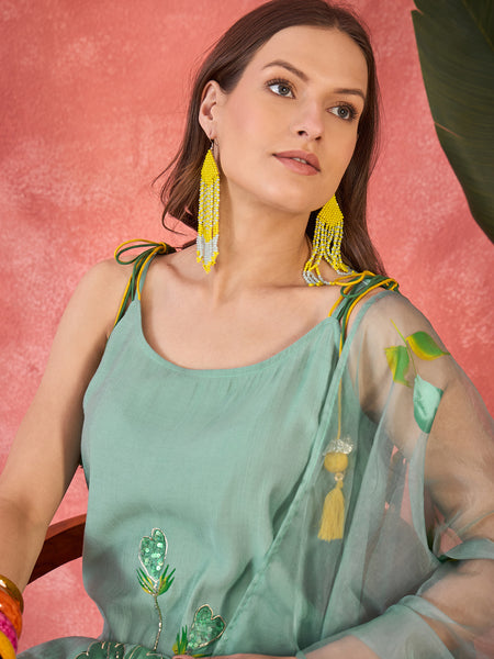 Sea Green Floral Embroidered Strappy Kurta Set with Dupatta