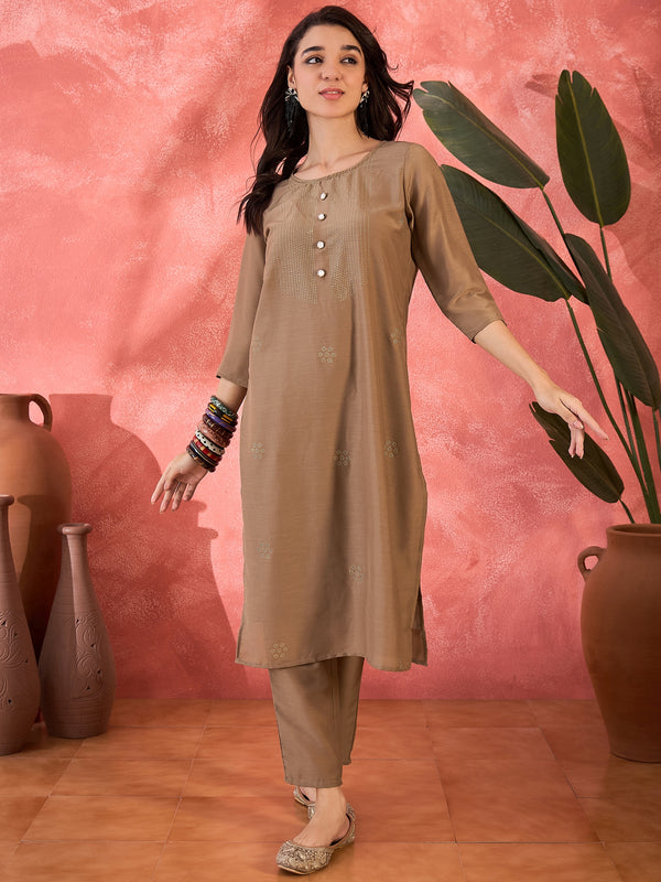 Brown Hand-Embroidered Straight Kurta Set