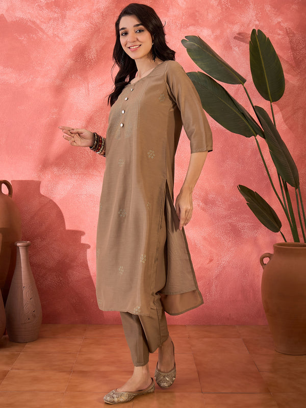 Brown Hand-Embroidered Straight Kurta Set