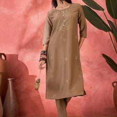 Brown Hand-Embroidered Straight Kurta Set