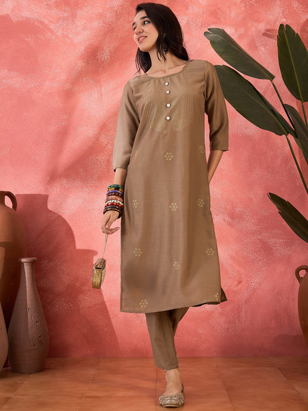 Brown Hand-Embroidered Straight Kurta Set