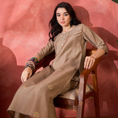 Brown Hand-Embroidered Straight Kurta Set