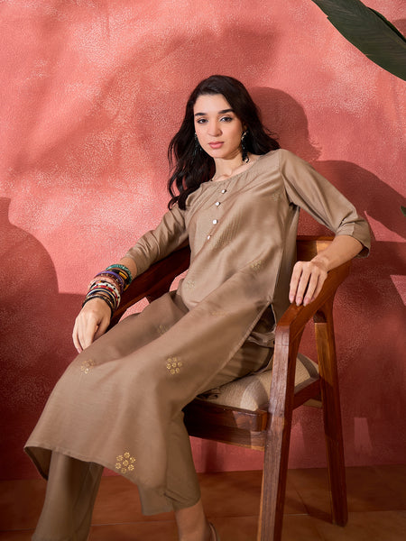 Brown Hand-Embroidered Straight Kurta Set