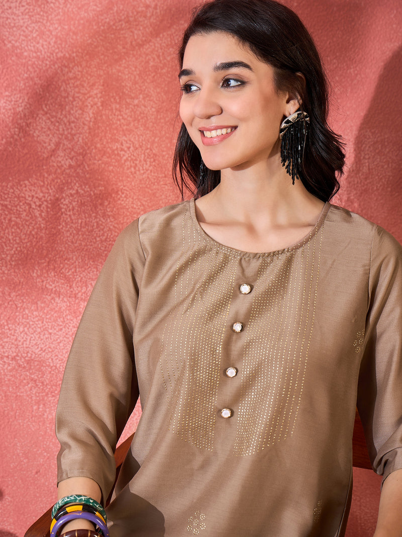Brown Hand-Embroidered Straight Kurta Set