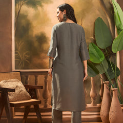 Grey Hand-Embroidered Straight Kurta Set