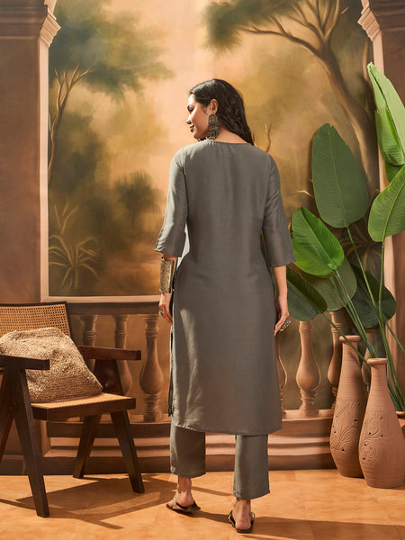 Grey Hand-Embroidered Straight Kurta Set