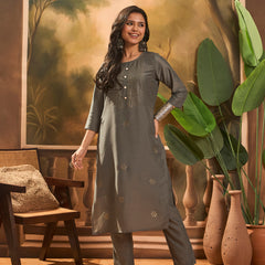 Grey Hand-Embroidered Straight Kurta Set
