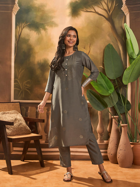 Grey Hand-Embroidered Straight Kurta Set