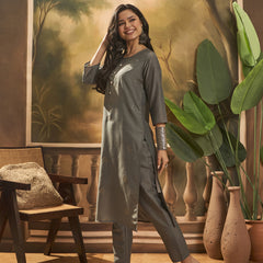 Grey Hand-Embroidered Straight Kurta Set