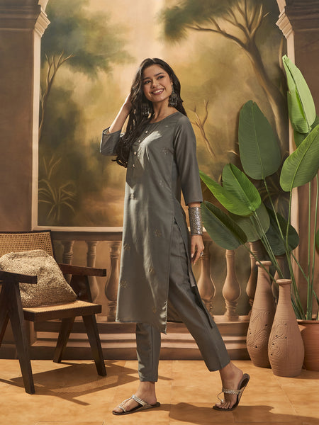 Grey Hand-Embroidered Straight Kurta Set
