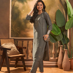 Grey Hand-Embroidered Straight Kurta Set